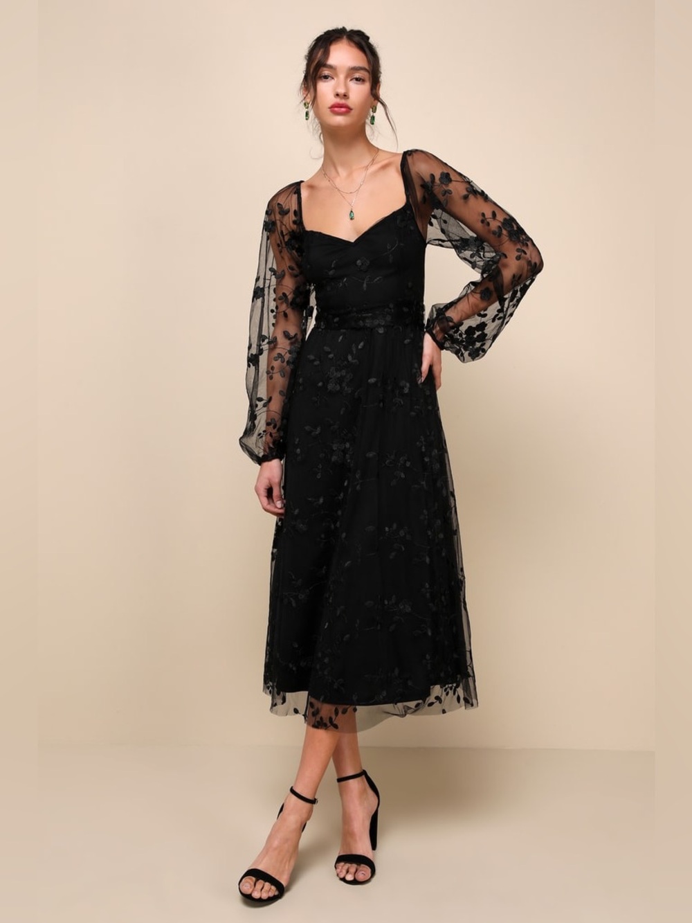 Lulus Darling Charisma Black Mesh Embroidered Midi Dress